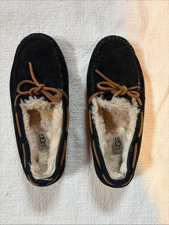 UGG Shoes - UGG Black Suede Moccasin with Tan Laces and Cream Shearling